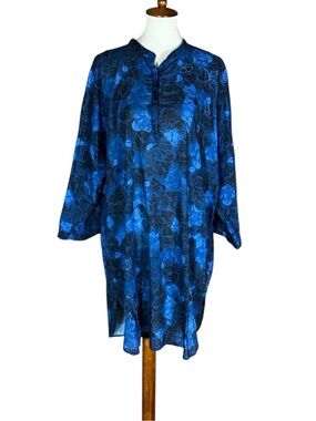 Gudrun Sjoden blue cotton dress with leaf print and embroidery Size Large